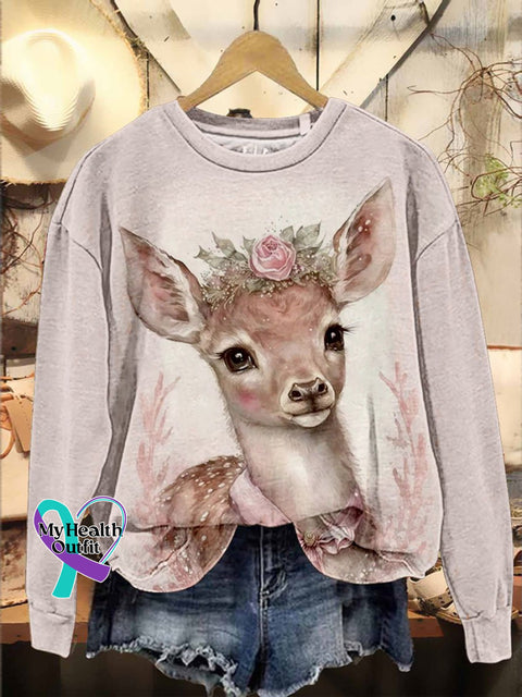 Pink Sika Deer Christmas Snowflakes Print Casual Sweatshirt Multicolor / S