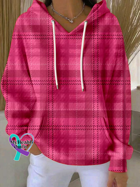 Plaid Breast Cancer Awareness Art Casual Hoodie Sweatshirt Multicolor / S