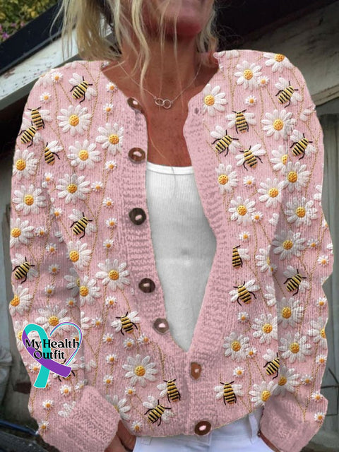 Plants Crew Neck Casual Cardigan Pink / S