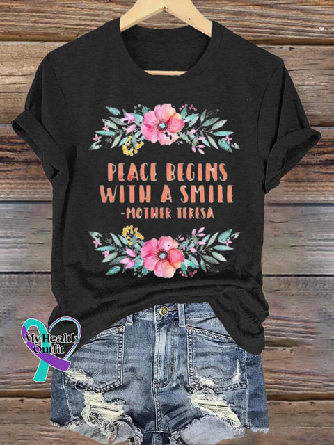 Please Begins With A Smile Print Casual Crew Neck Short Sleeve T-Shirt Black / S