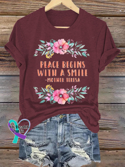 Please Begins With A Smile Print Casual Crew Neck Short Sleeve T-Shirt Brown / S