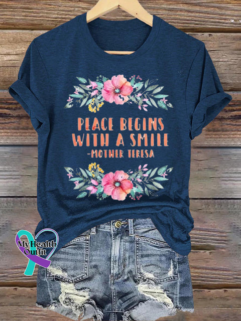 Please Begins With A Smile Print Casual Crew Neck Short Sleeve T-Shirt NavyBlue / S