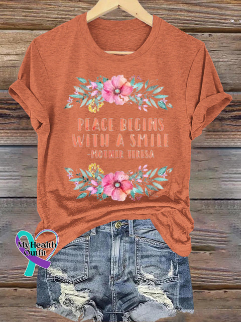 Please Begins With A Smile Print Casual Crew Neck Short Sleeve T-Shirt Orange / S