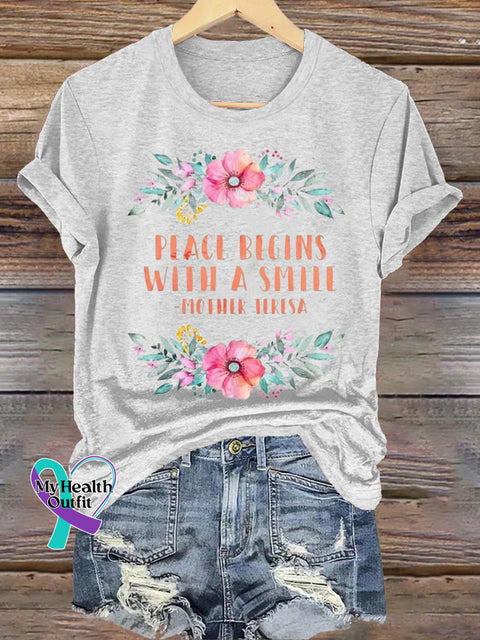 Please Begins With A Smile Print Casual Crew Neck Short Sleeve T-Shirt White / S