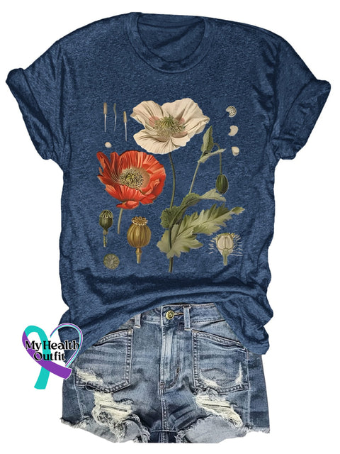 Poppy Flower Art Print T-Shirt Navy Blue / S