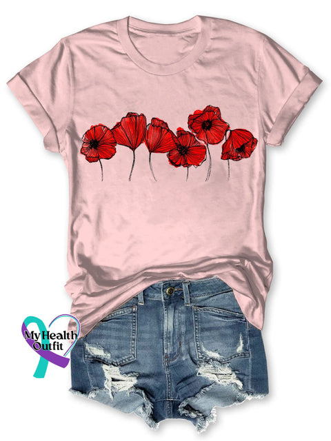 Poppy Print Causal Short Sleeve T-Shirt Pink / S