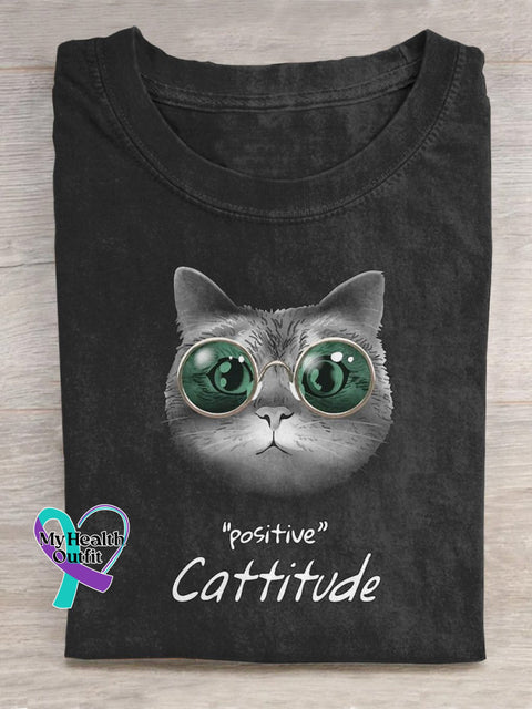 ’Positive Cattitude’ Funny Motivational Graphic Printed T-Shirt Black / S