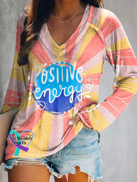 Positive Energy Printed Casual V-Neck Long Sleeve T-Shirt Multicolor / S