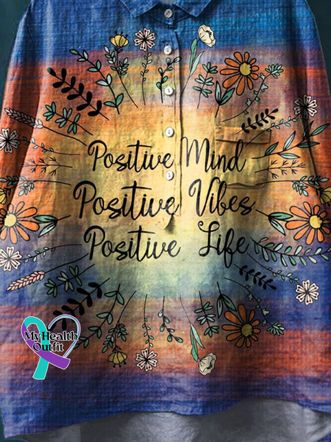Positive Mind Vibes Life Art Print Casual Cotton And Linen Shirt
