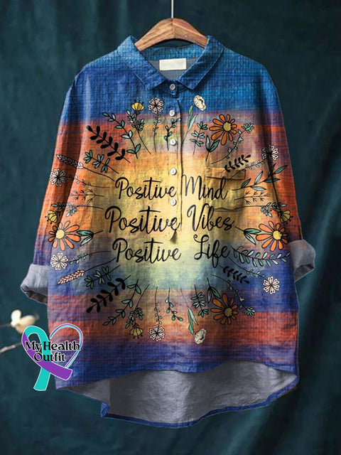 Positive Mind Vibes Life Art Print Casual Cotton And Linen Shirt Multicolor / S