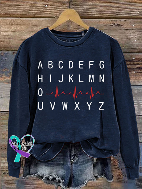Pqrst Nurse Alphabet Heartbeat Letter Print Sweatshirt Navyblue / S