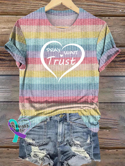 Pray Wait Trust Striped Printed Casual Round Neck Short Sleeve T-Shirt Multicolor / S