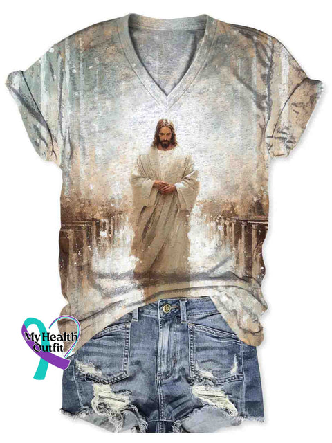 Praying Jesus Art V-neck Casual T-Shirt Multicolor / S