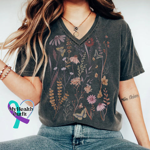 Pressed Flowers V-Neck T-Shirt S