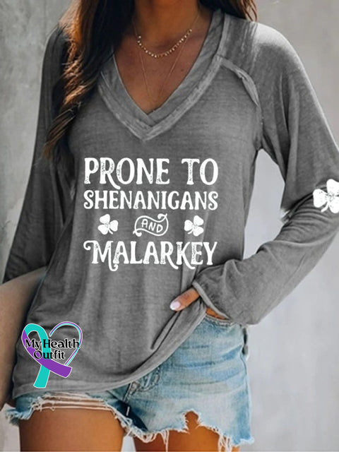 Prone To Shenanigans And Malarkey Print V-Neck T-Shirt Grey / S