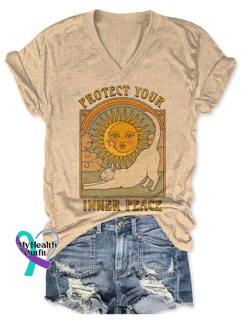 Protect Your Inner Peace Art Print V-Neck Casual T-Shirt Beige / S