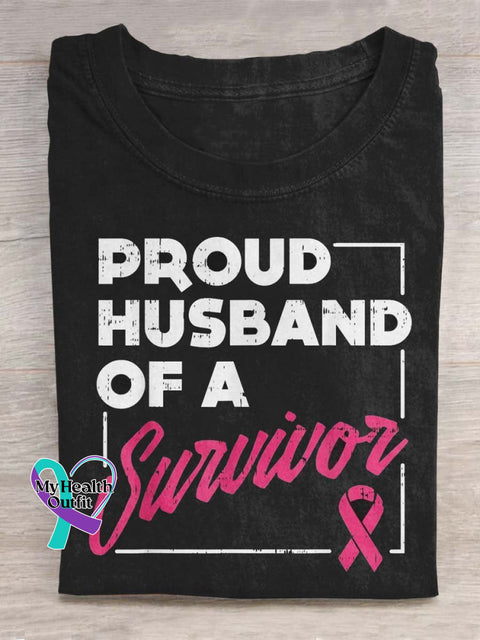 Proud Husband Of A Survivor Breast Cancer Awareness Art Pattern Print Casual T-Shirt Black / S