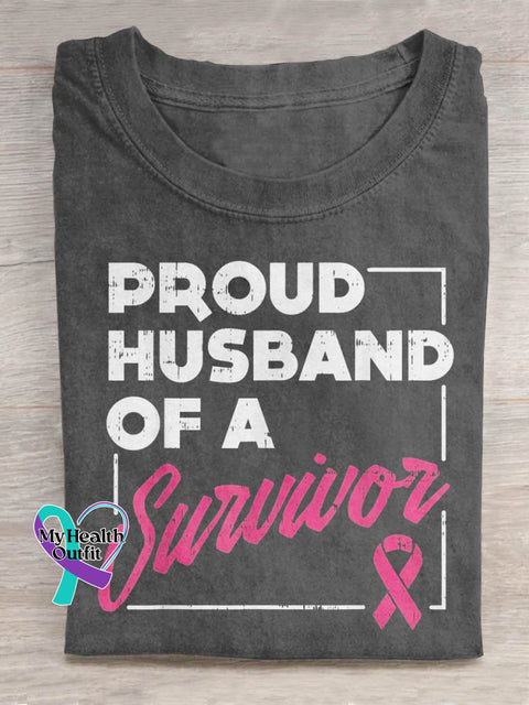 Proud Husband Of A Survivor Breast Cancer Awareness Art Pattern Print Casual T-Shirt Grey / S
