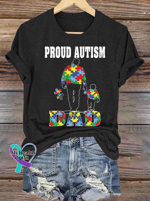 Pround Autism Dad Print Casual Crew Neck Short Sleeve T-Shirt Black / S