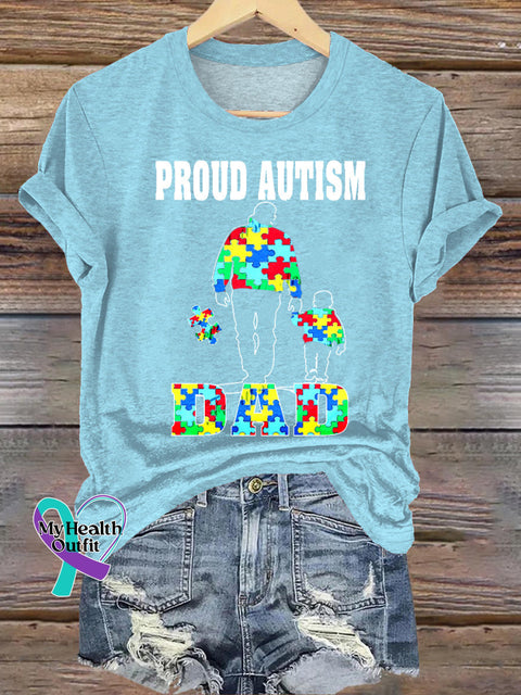 Pround Autism Dad Print Casual Crew Neck Short Sleeve T-Shirt Blue / S