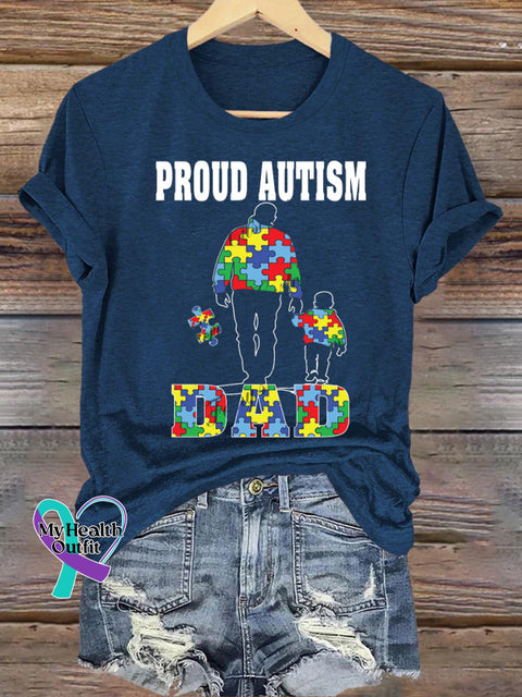 Pround Autism Dad Print Casual Crew Neck Short Sleeve T-Shirt NavyBlue / S