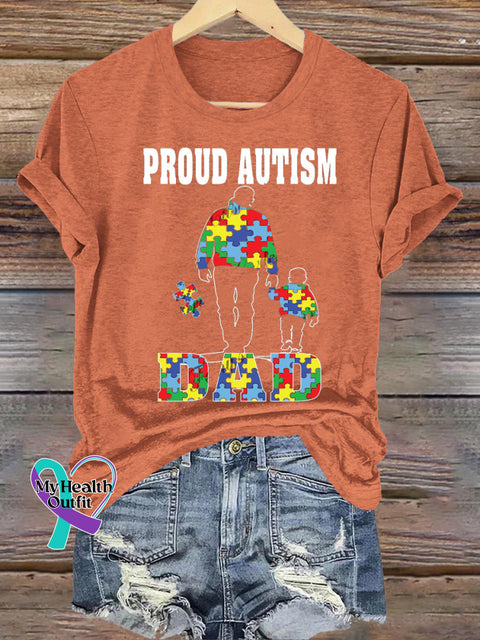 Pround Autism Dad Print Casual Crew Neck Short Sleeve T-Shirt Orange / S