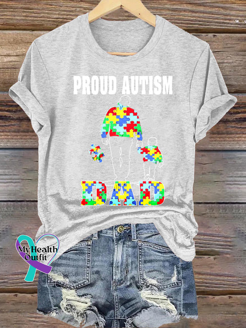 Pround Autism Dad Print Casual Crew Neck Short Sleeve T-Shirt White / S
