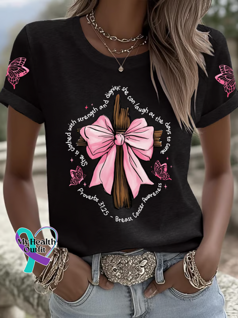Proverbs 31:25 She Is Clothed with Strength & Dignity Breast Cancer Awareness T shirt Black / S