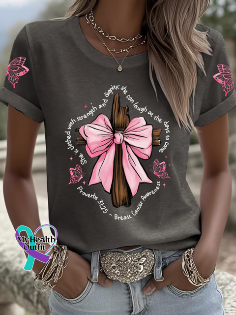 Proverbs 31:25 She Is Clothed with Strength & Dignity Breast Cancer Awareness T shirt Grey / S