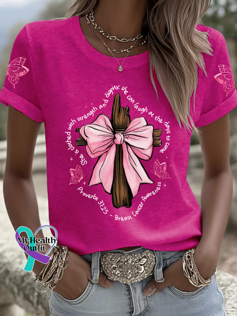 Proverbs 31:25 She Is Clothed with Strength & Dignity Breast Cancer Awareness T shirt Pink / S