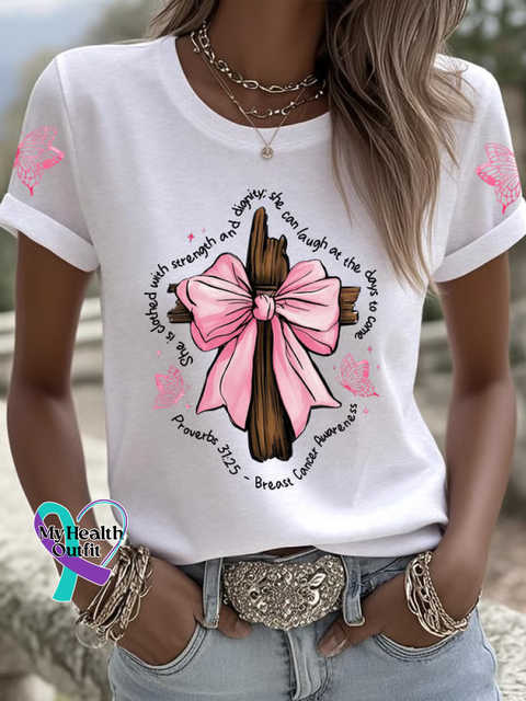 Proverbs 31:25 She Is Clothed with Strength & Dignity Breast Cancer Awareness T shirt White / S