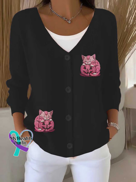 Pumpkin Cat Breast Cancer Awareness Print Buttoned V neck Cardigan Sweater Black / S