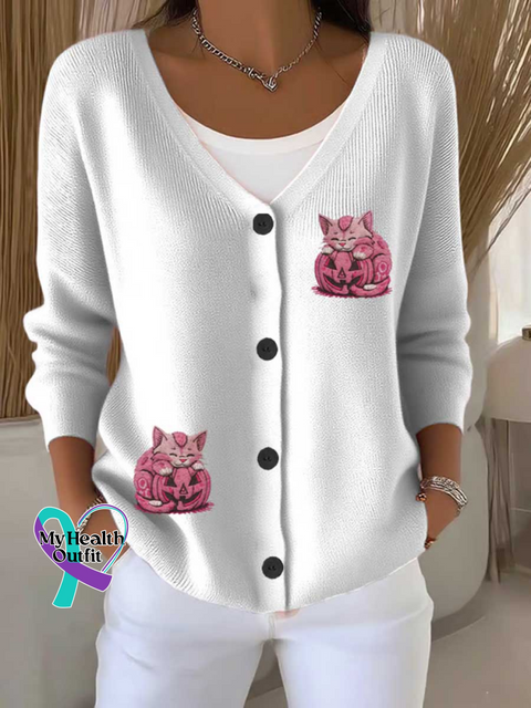 Pumpkin Cat Breast Cancer Awareness Print Buttoned V neck Cardigan Sweater White / S