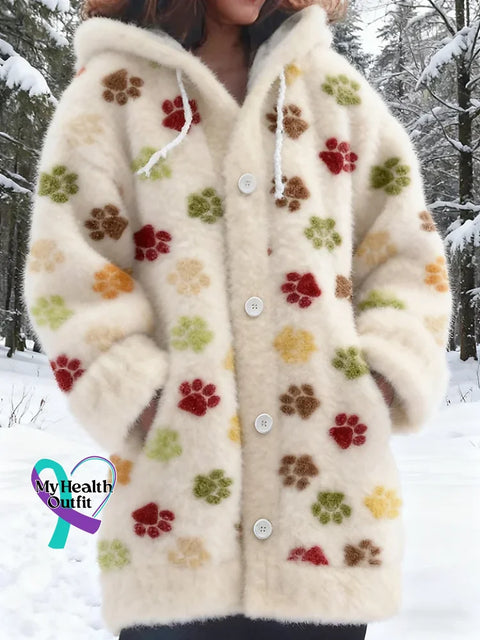 Puppy Footprints Cozy Knit Hooded Cardigan Multicolor / S