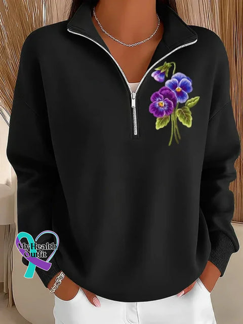 Purple Alzheimer Awareness Art Casual Long Sleeve Zip Sweatshirt Black / S