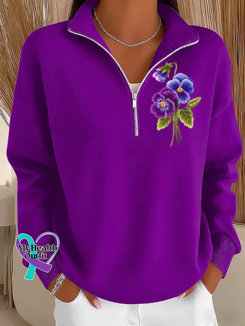 Purple Alzheimer Awareness Art Casual Long Sleeve Zip Sweatshirt Purple / S