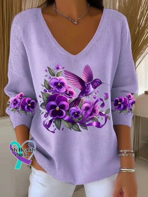 Purple Alzheimer Awareness Art Print Casual V-neck Pullover Sweater LightPurple / S