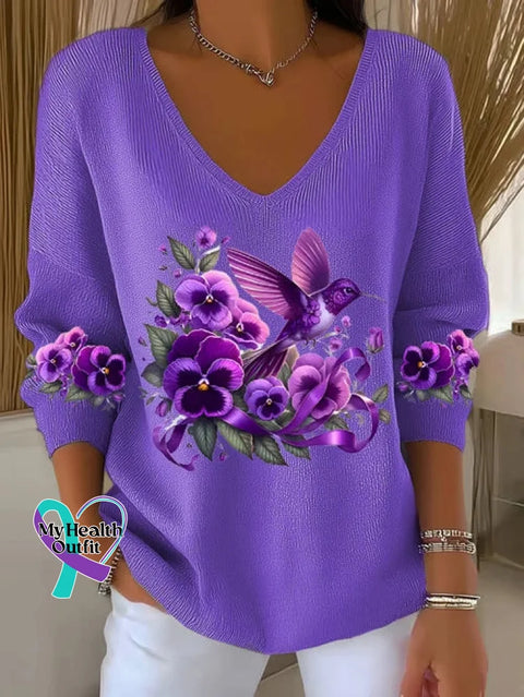 Purple Alzheimer Awareness Art Print Casual V-neck Pullover Sweater Purple / S