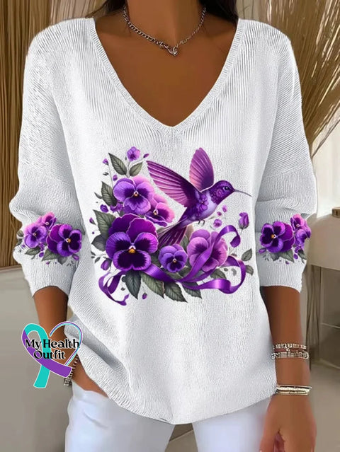 Purple Alzheimer Awareness Art Print Casual V-neck Pullover Sweater White / S