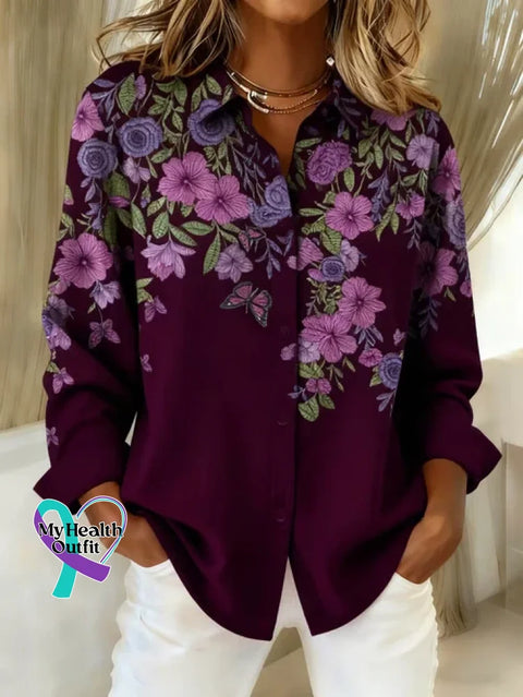 Purple Alzheimer Awareness Print Casual Cotton Shirt Purple / S