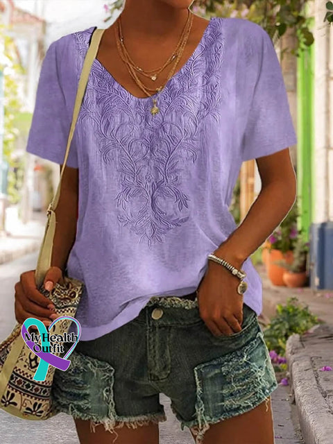 Purple Floral Alzheimer’s Awareness Art Print V-neck Casual T-Shirt Purple / S