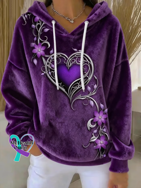 Purple Floral Art Cozy Plush Hoodie Sweatshirt Multicolor / S
