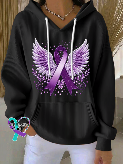 Purple Ribbon Wings Ribbon Alzheimer’s Awareness Casual Hoodie Sweatshirt Black / S
