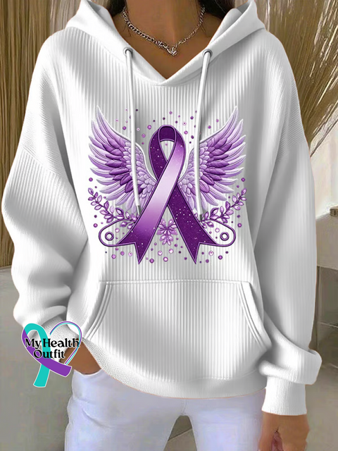 Purple Ribbon Wings Ribbon Alzheimer’s Awareness Casual Hoodie Sweatshirt White / S