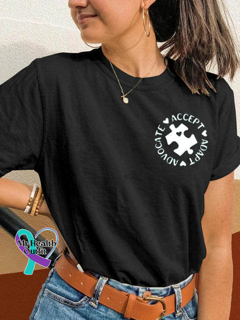 Puzzle Autism Awareness Print Casual Round Neck Short Sleeve T-Shirt Black / S