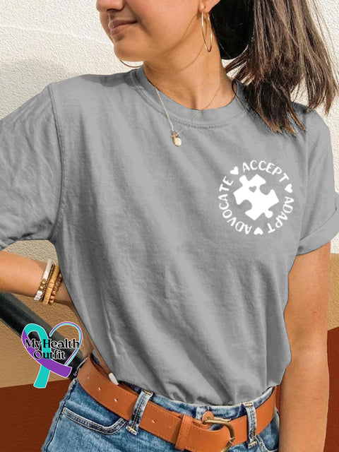 Puzzle Autism Awareness Print Casual Round Neck Short Sleeve T-Shirt Grey / S