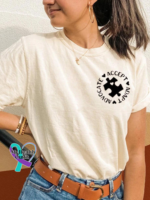 Puzzle Autism Awareness Print Casual Round Neck Short Sleeve T-Shirt White / S