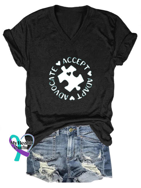 Puzzle Autism Awareness Printed Casual V-Neck Short Sleeve T-Shirt Black / S