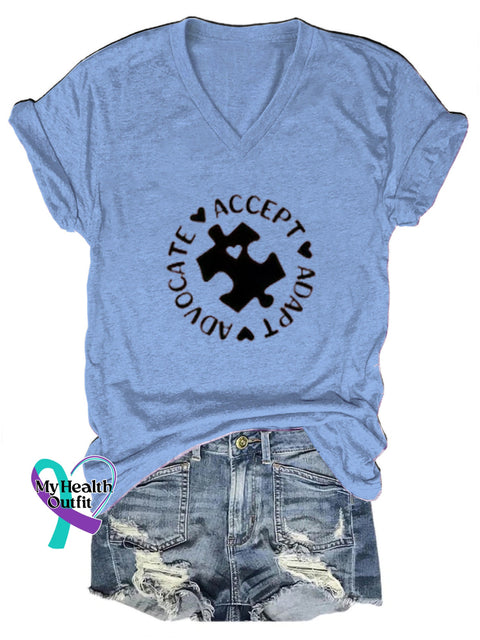 Puzzle Autism Awareness Printed Casual V-Neck Short Sleeve T-Shirt Blue / S