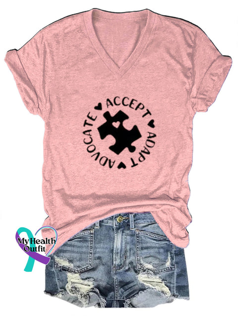 Puzzle Autism Awareness Printed Casual V-Neck Short Sleeve T-Shirt Pink / S